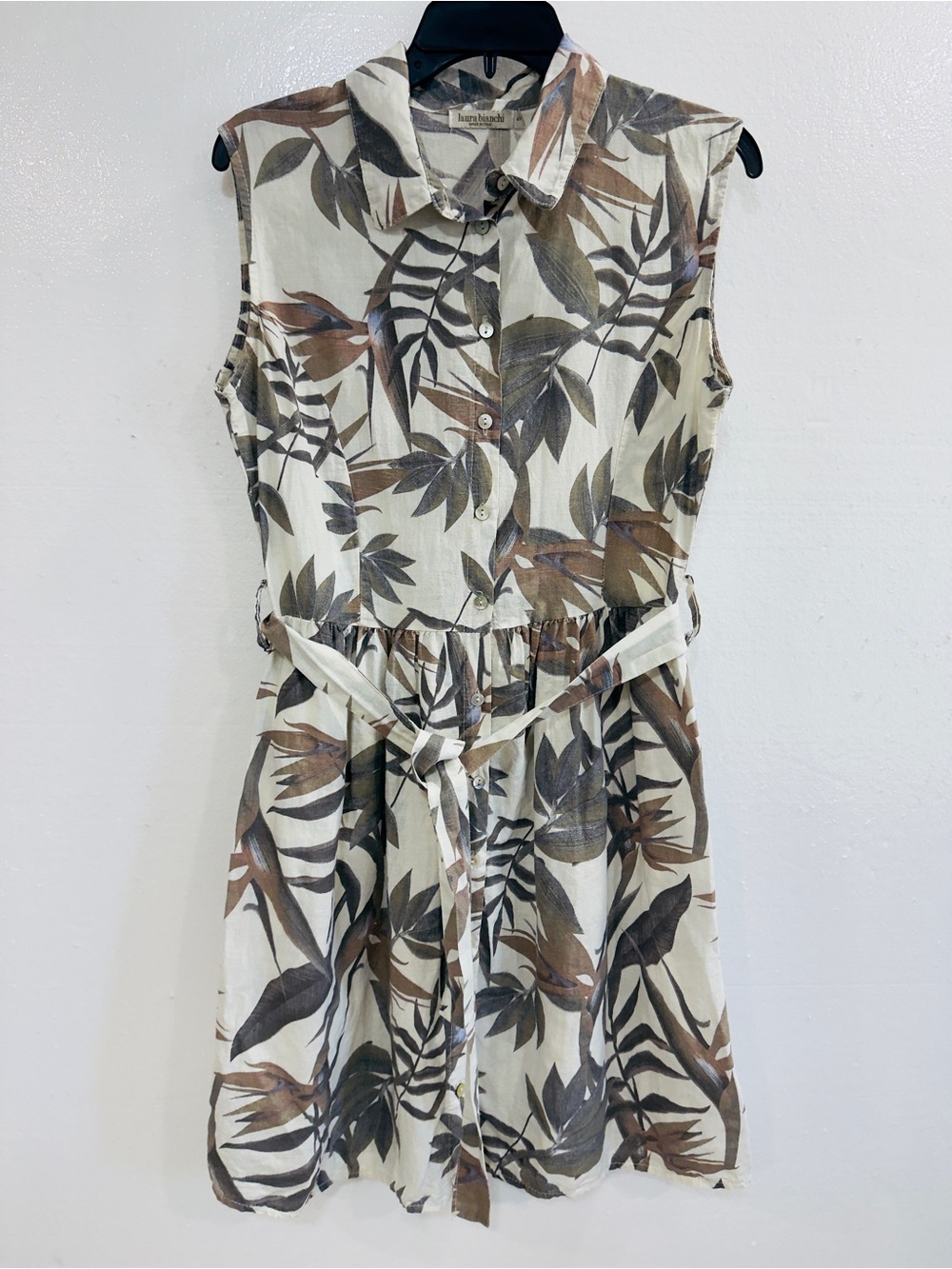 Laura Bianchi 100% Linen Leaf Print Sleeveless Shirt Dress Belted size S - Picture 2 of 10